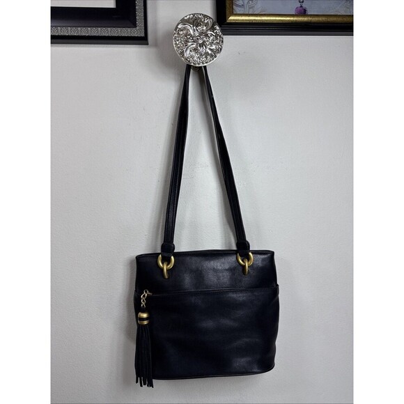 (X3) Tignanello leather  Vintage, Y2K black & gold Shoulder Bag - Picture 1 of 16